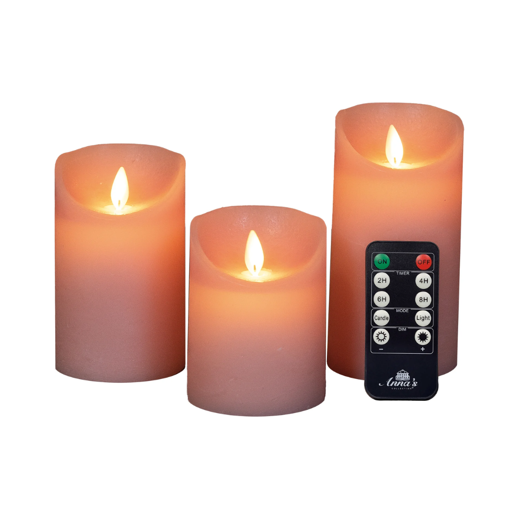 Stompkaars LED Roze Wax Rustiek (3 stuks) met afstandsbediening