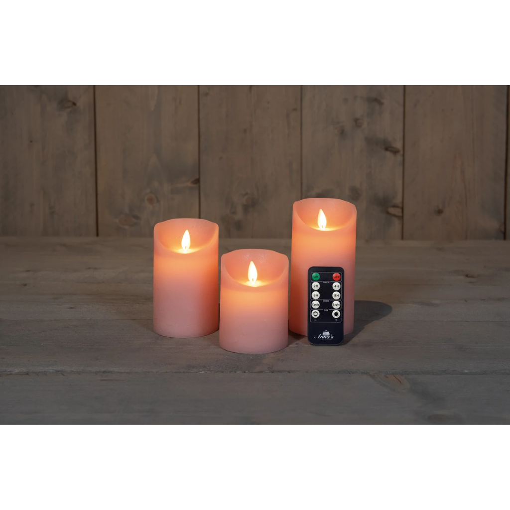 Stompkaars LED Roze Wax Rustiek (3 stuks) met afstandsbediening