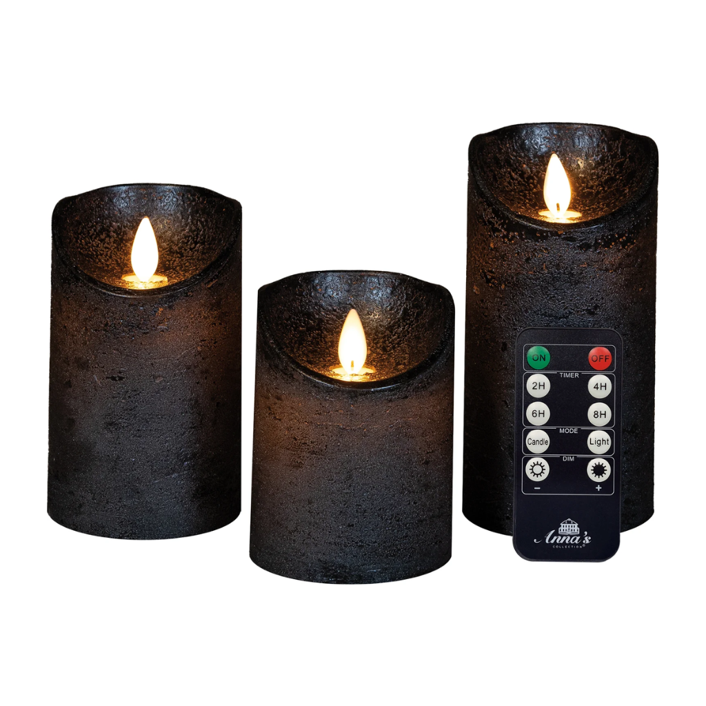 Theelicht LED Antraciet Wax Rustiek (3 stuks) met afstandsbediening