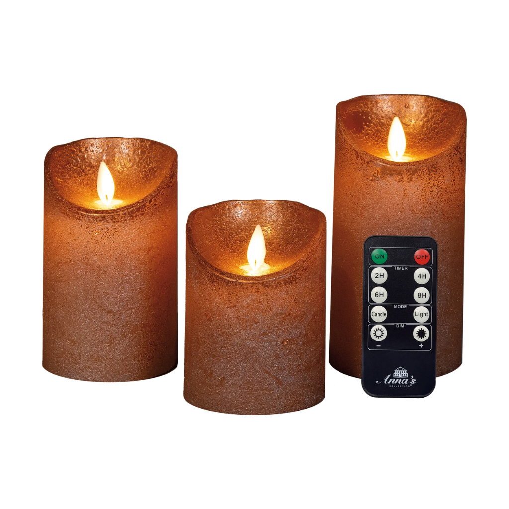 Stompkaars LED Koper Wax Rustiek (3 stuks) met afstandsbediening