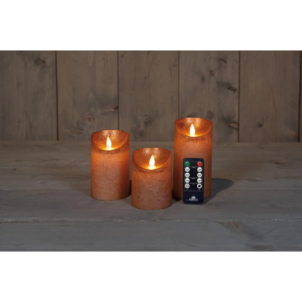 Stompkaars LED Koper Wax Rustiek (3 stuks) met afstandsbediening