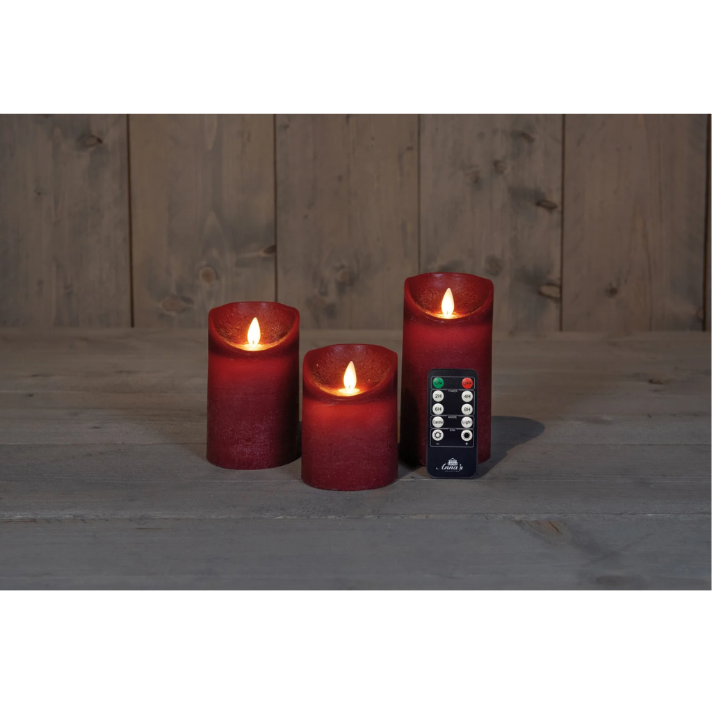 Stompkaars LED Bordeaux Wax Rustiek (3 stuks) met afstandsbediening