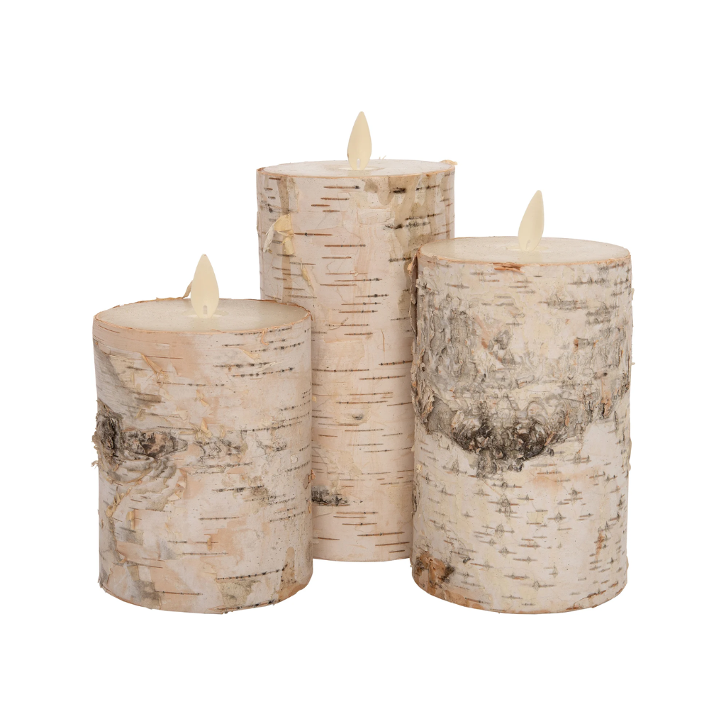 Stompkaars LED Berk Wit Wax Rustiek (3 stuks) met afstandsbediening