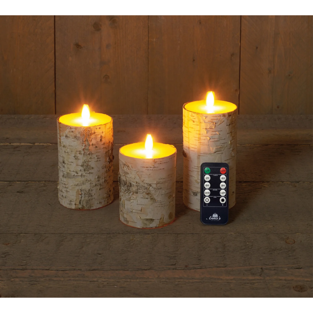 Stompkaars LED Berk Wit Wax Rustiek (3 stuks) met afstandsbediening