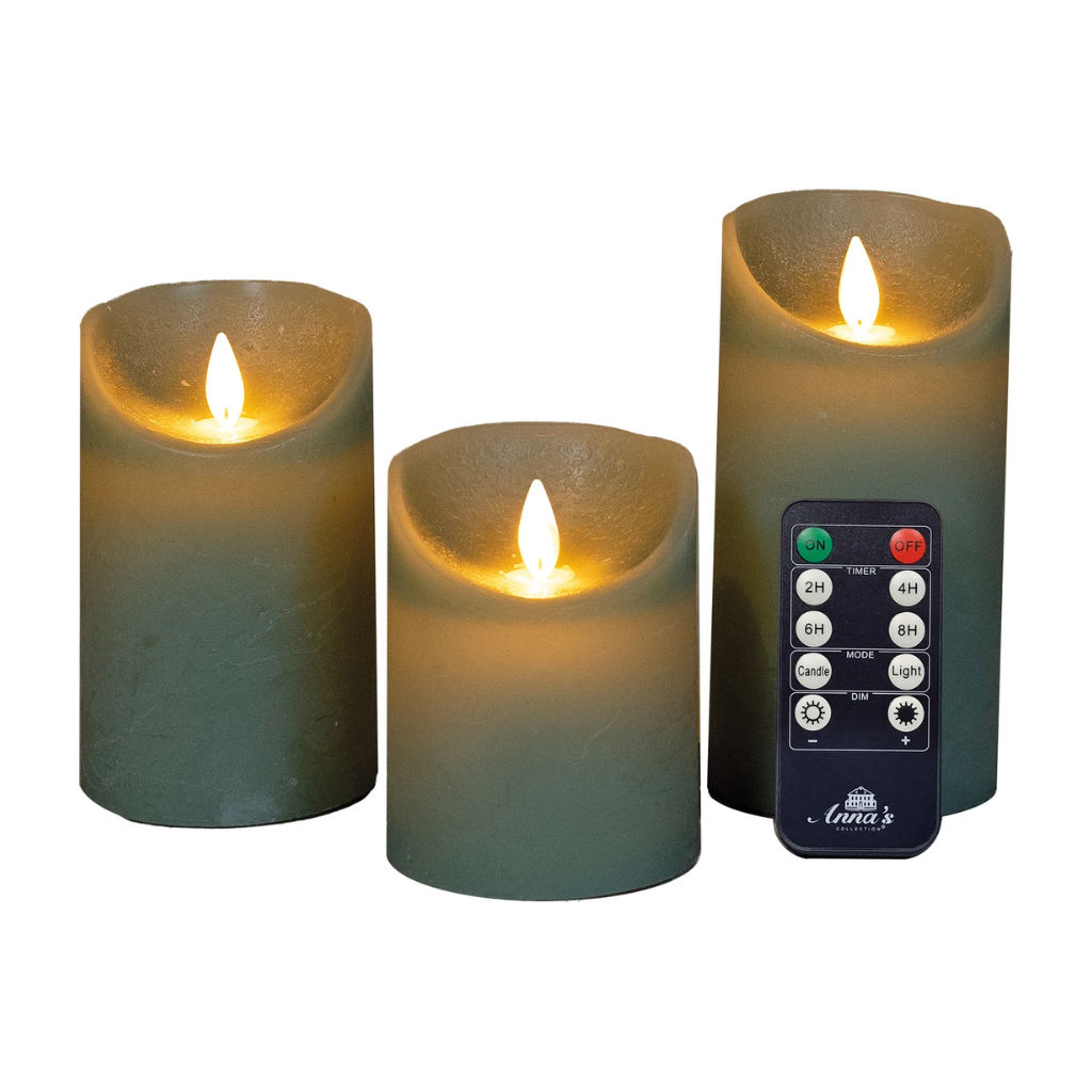 Stompkaars LED Jade Groen Wax Rustiek (3 stuks) met afstandsbediening