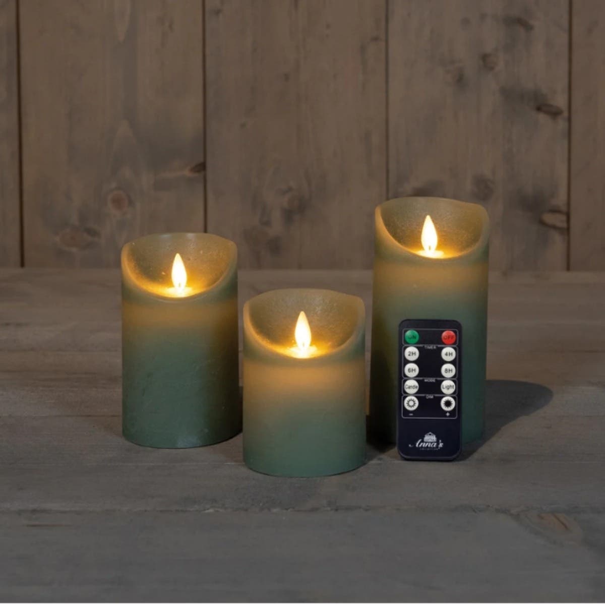 Stompkaars LED Jade Groen Wax Rustiek (3 stuks) met afstandsbediening