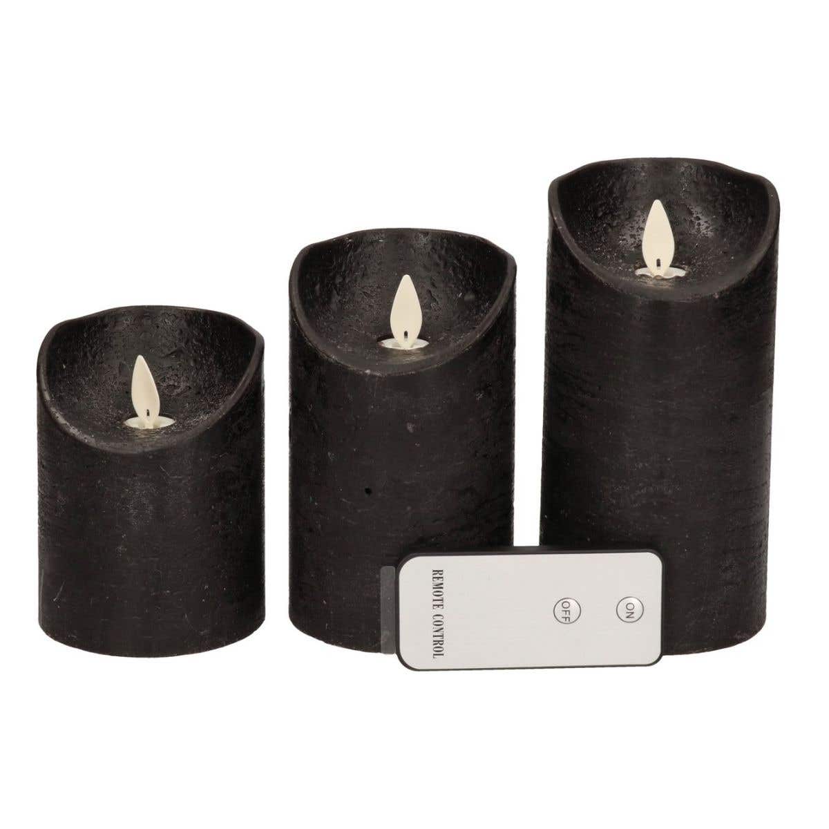 Stompkaars LED Zwart Wax Rustiek (3 stuks) met afstandsbediening