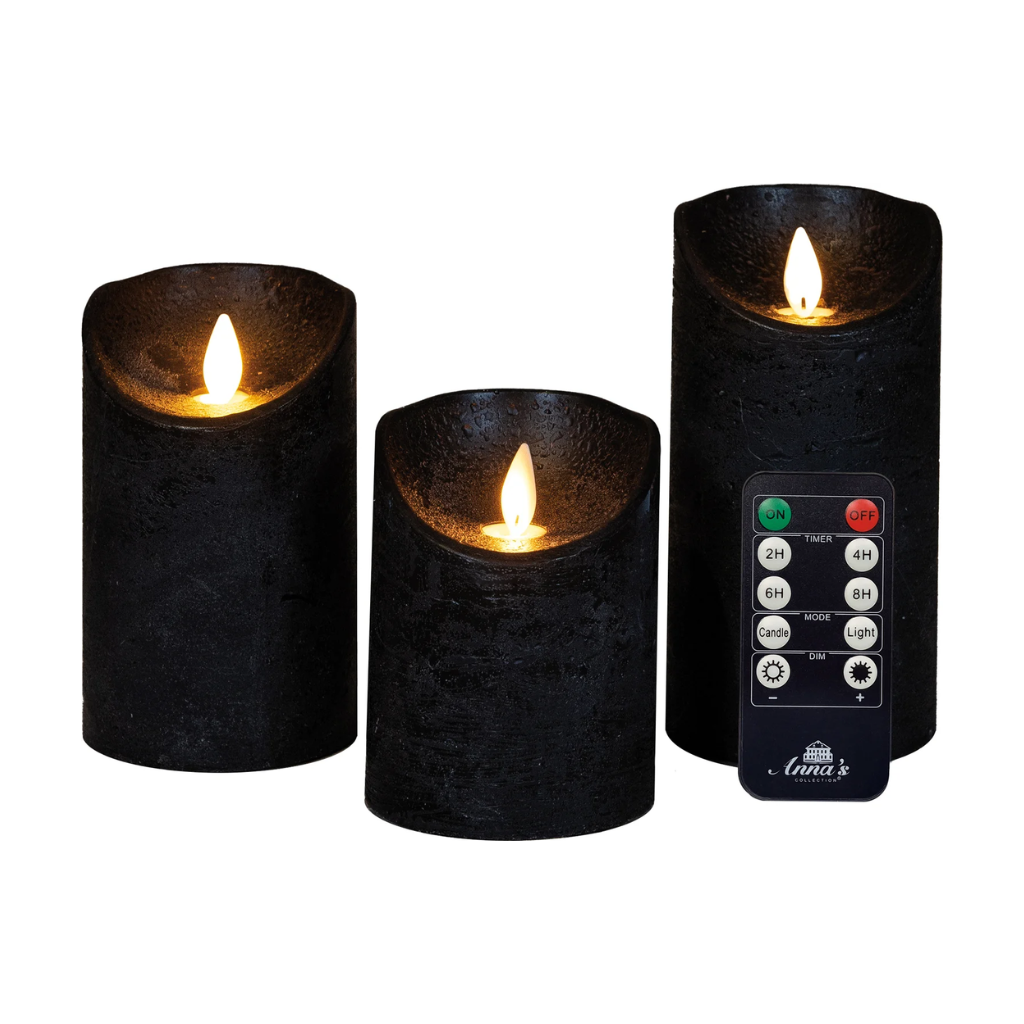 Stompkaars LED Zwart Wax Rustiek (3 stuks) met afstandsbediening