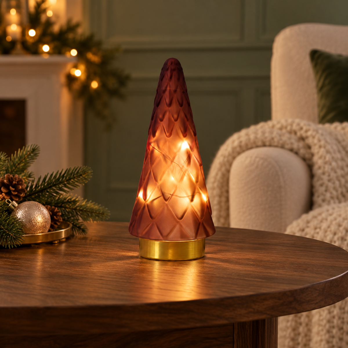Anna's Collection Verlicht Kerstfiguur Kerstboompje Glas Bordeaux Mat Warm Wit 10 Lampjes 24.5 x 10 cm
