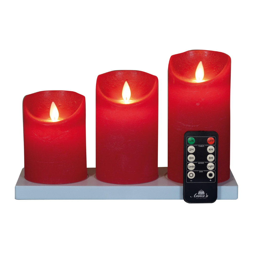 Stompkaars LED oplaadbaar Rood Wax Rustiek (3 stuks) met afstandsbediening