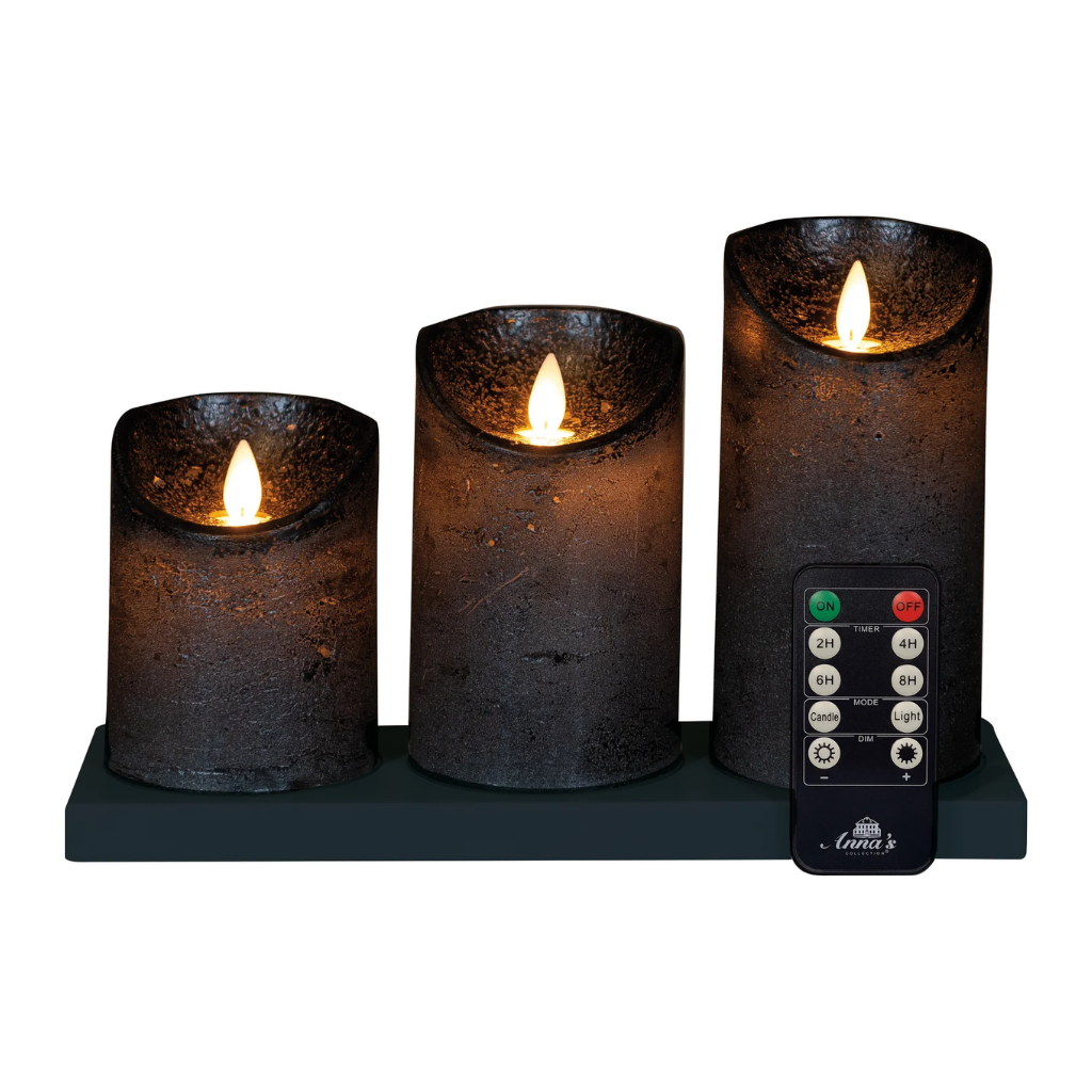Stompkaars LED oplaadbaar Antraciet Wax Rustiek (3 stuks) met afstandsbediening