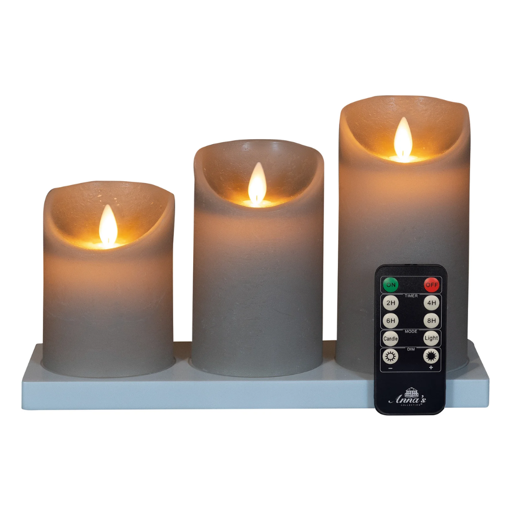Stompkaars LED oplaadbaar Taupe Wax Rustiek (3 stuks) met afstandsbediening