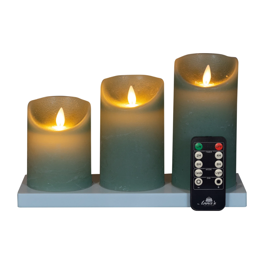 Stompkaars LED Jade Groen Wax Rustiek (3 stuks) met afstandsbediening