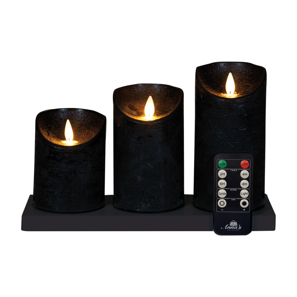Stompkaars LED oplaadbaar Zwart Wax Rustiek (3 stuks) met afstandsbediening