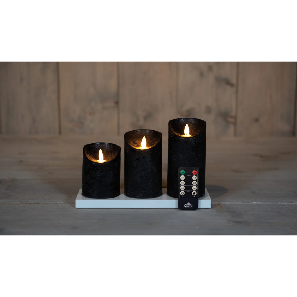 Stompkaars LED oplaadbaar Zwart Wax Rustiek (3 stuks) met afstandsbediening