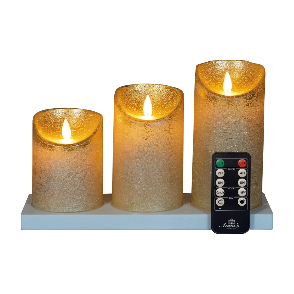 Stompkaars LED oplaadbaar Goud Wax Rustiek (3 stuks) met afstandsbediening