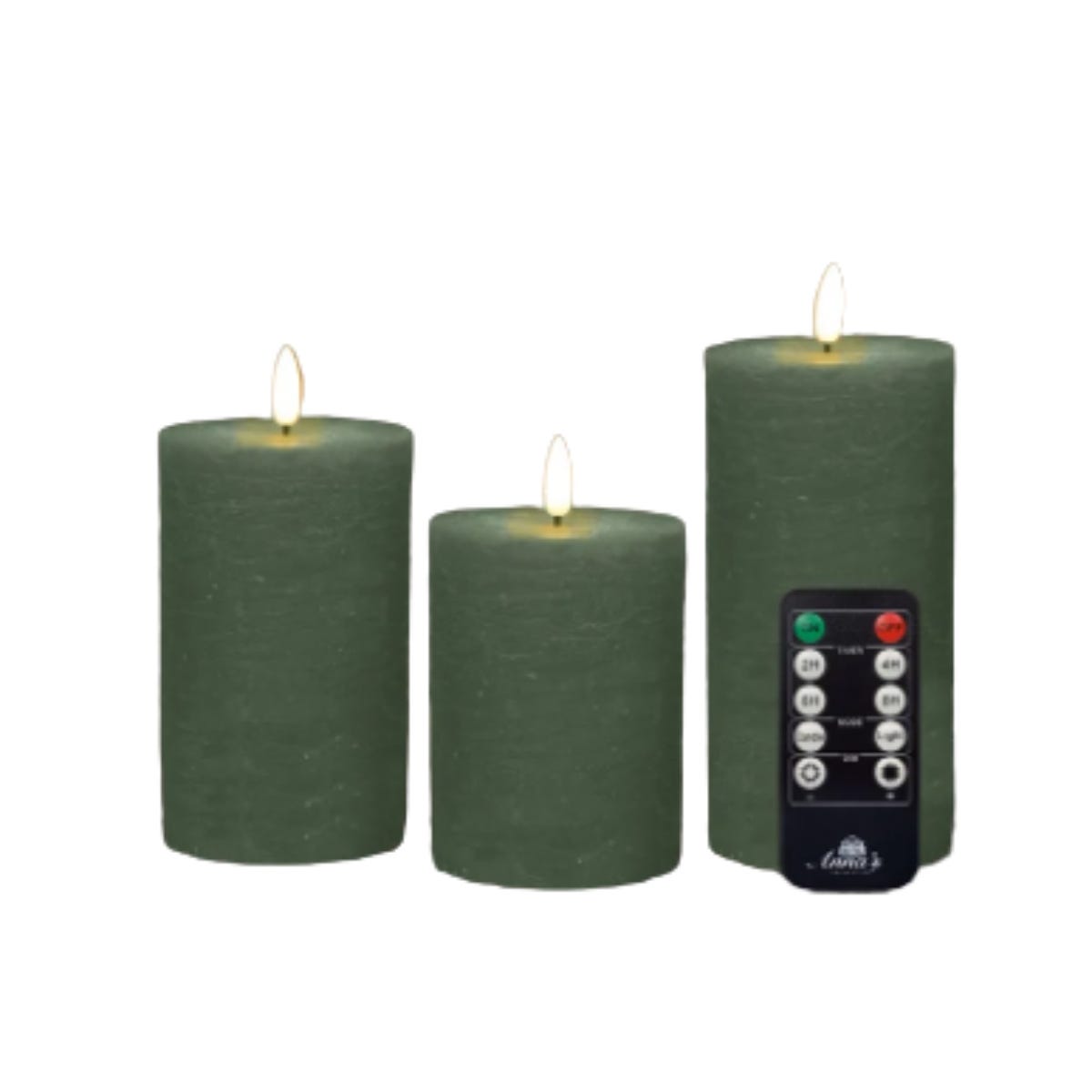 Anna's Collection LED Stompkaars Rustiek 3D Vlam Jade Groen 3 Stuks Ø7.5 x 10/12.5/15 cm