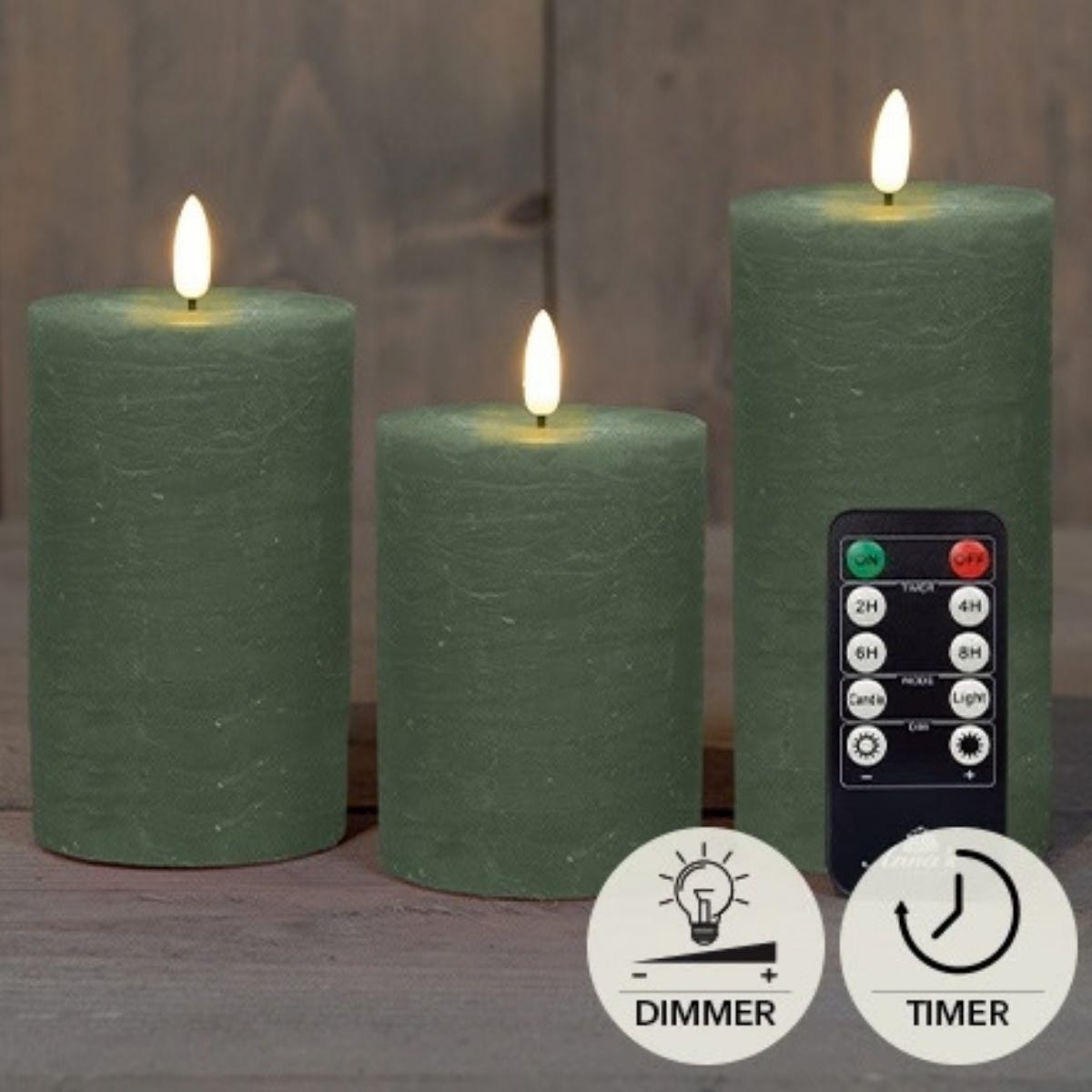Anna's Collection LED Stompkaars Rustiek 3D Vlam Jade Groen 3 Stuks Ø7.5 x 10/12.5/15 cm