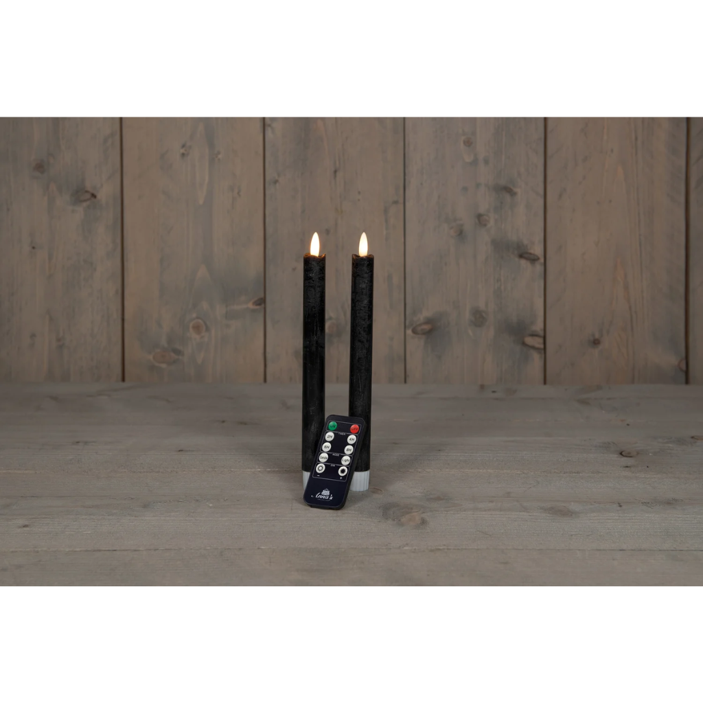 Dinerkaars LED Zwart Rustiek Wax 3D Lont 23 cm (2 stuks) met afstandsbediening