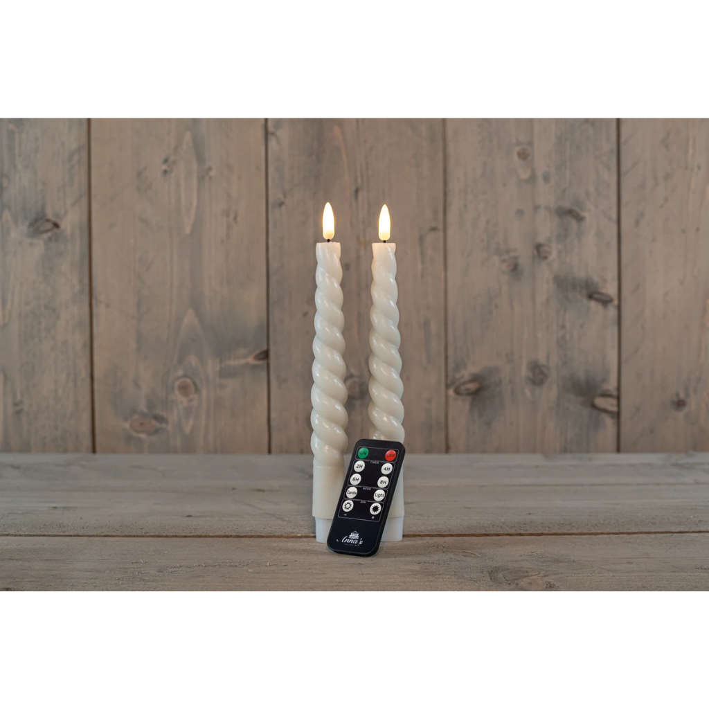 Dinerkaars LED Ivoor Swirl Rustiek Wax 3D Lont 23 cm (2 stuks) met afstandsbediening