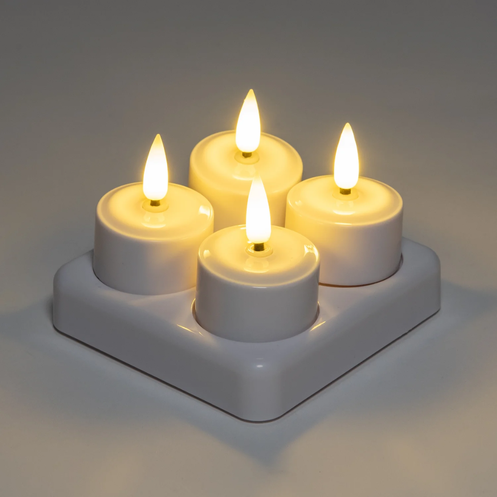 Theelicht LED oplaadbaar 3D Lont Wit (4 stuks) met afstandsbediening