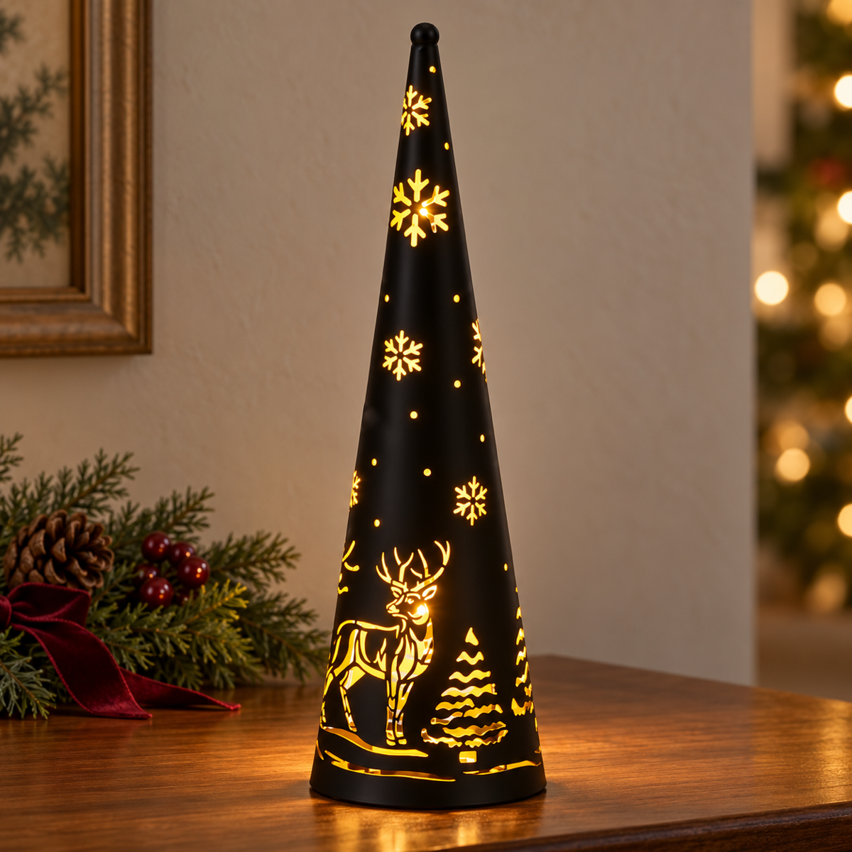 Anna's Collection Verlicht Kerstfiguur Kegel Hert en Sneeuwvlok Klassiek Warm 20 Lampjes Ø10 x 34.5 cm