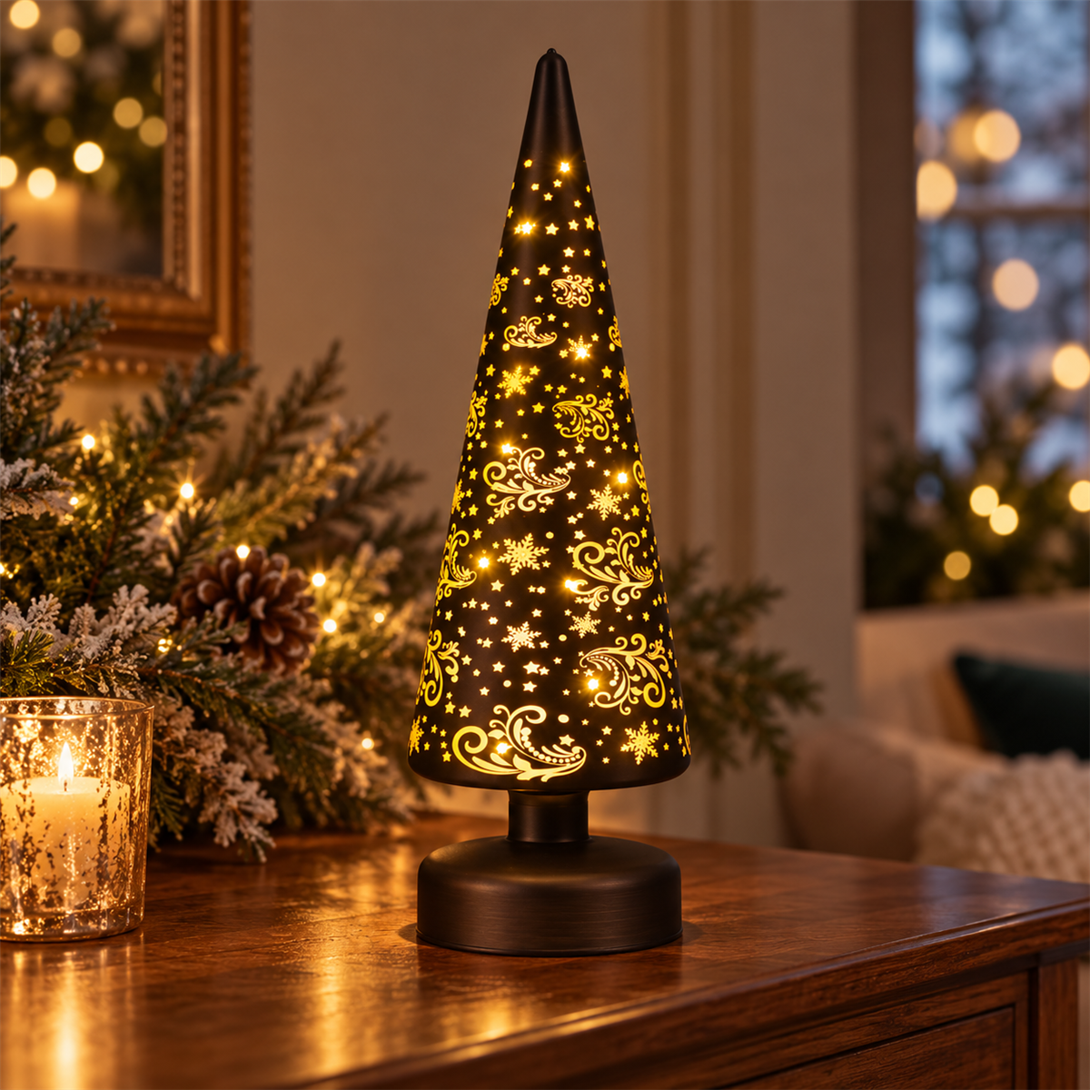 Anna's Collection Verlicht Kerstfiguur Kerstboom met Sterren Zwart Ø9 x 30 cm