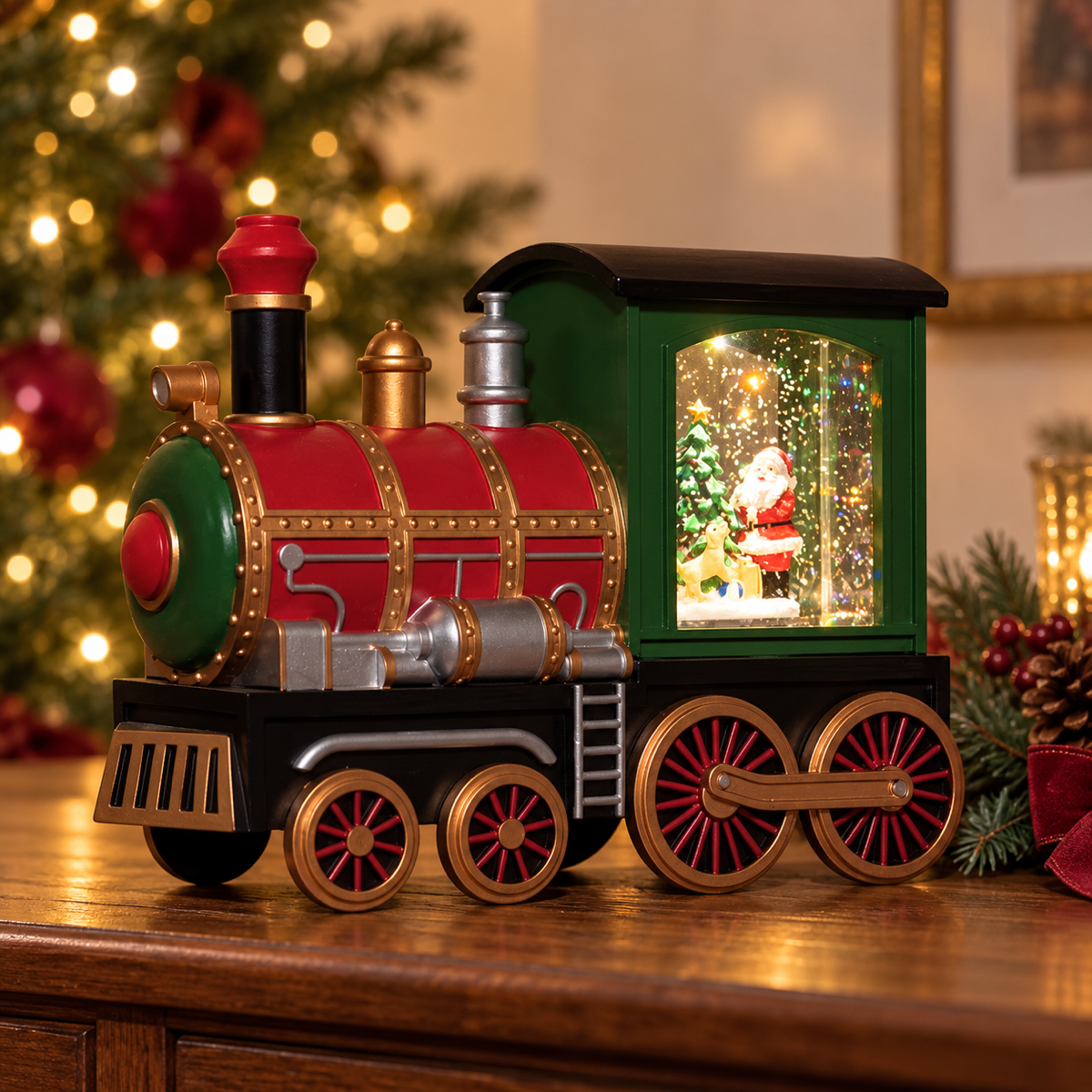 Anna's Collection Verlicht Kerstfiguur Kersttrein met Kerstman in Glitterwater 16.7 x 22 x 9.8 cm