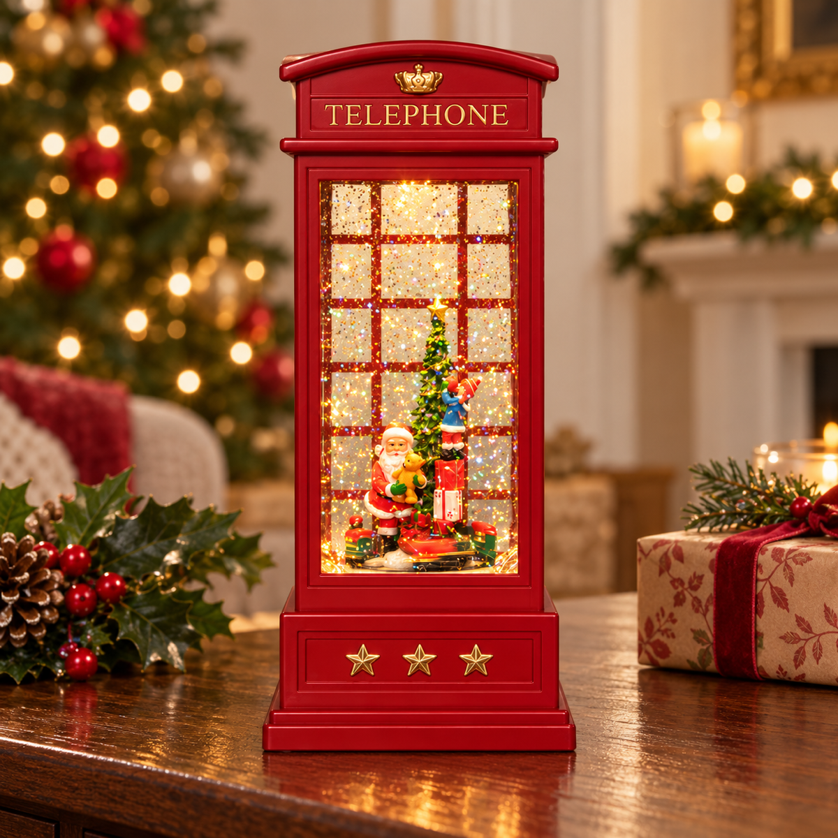 Anna's Collection Verlicht Kerstfiguur Telefooncel met Trein Warm Wit 25 x 10.5 cm