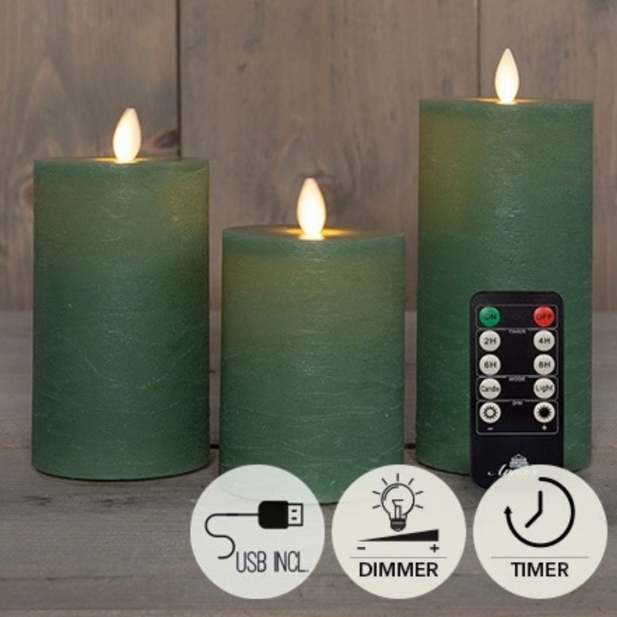 Anna's Collection LED Stompkaars Rustiek Oplaadbaar Jade Groen 3 Stuks Ø7.5 x 10/12.5/15 cm