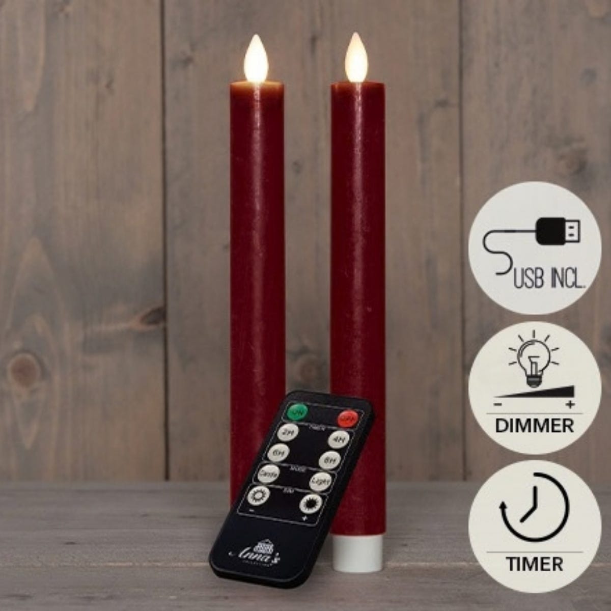 Anna's Collection LED Dinerkaars Rustiek Oplaadbaar Bordeaux 2 Stuks 23 cm