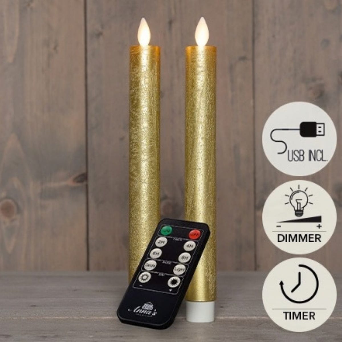 Anna's Collection LED Dinerkaars Rustiek Oplaadbaar Goud 2 Stuks 23 cm