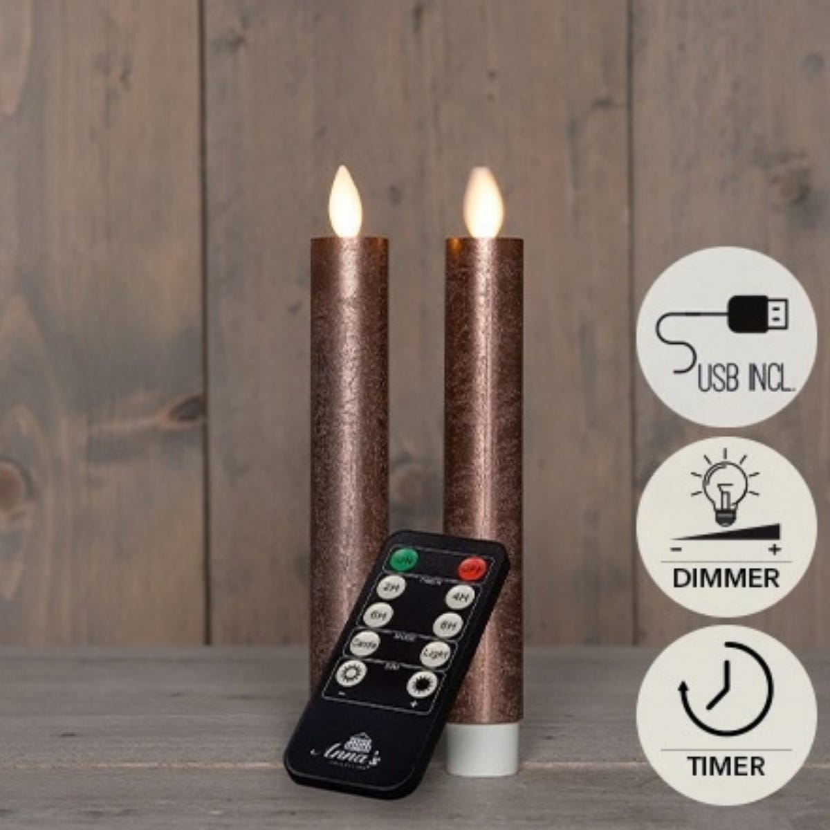 Anna's Collection LED Dinerkaars Rustiek Oplaadbaar Brons 2 Stuks 18 cm