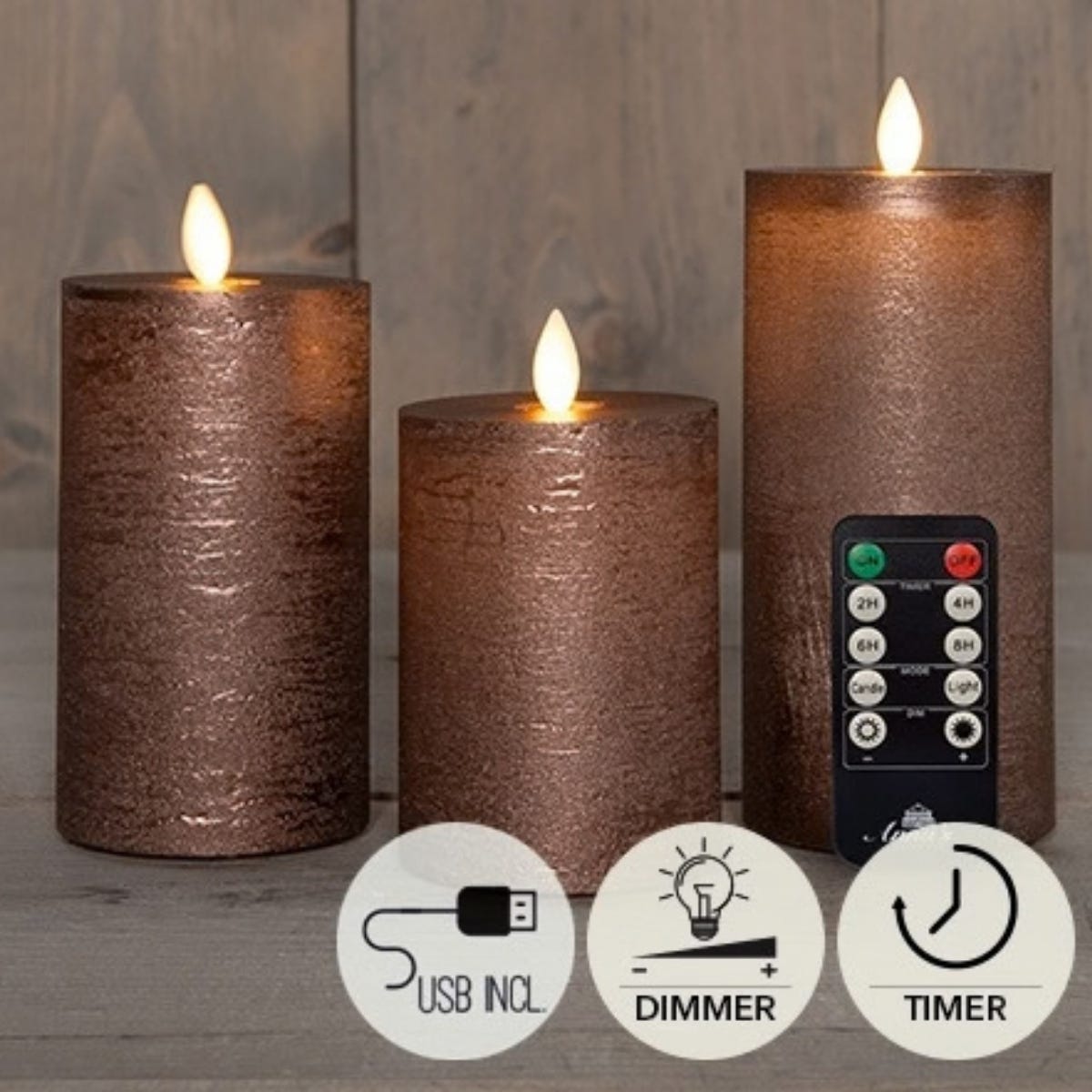Anna's Collection LED Stompkaars Rustiek Oplaadbaar Brons 3 Stuks Ø7.5 x 10/12.5/15 cm