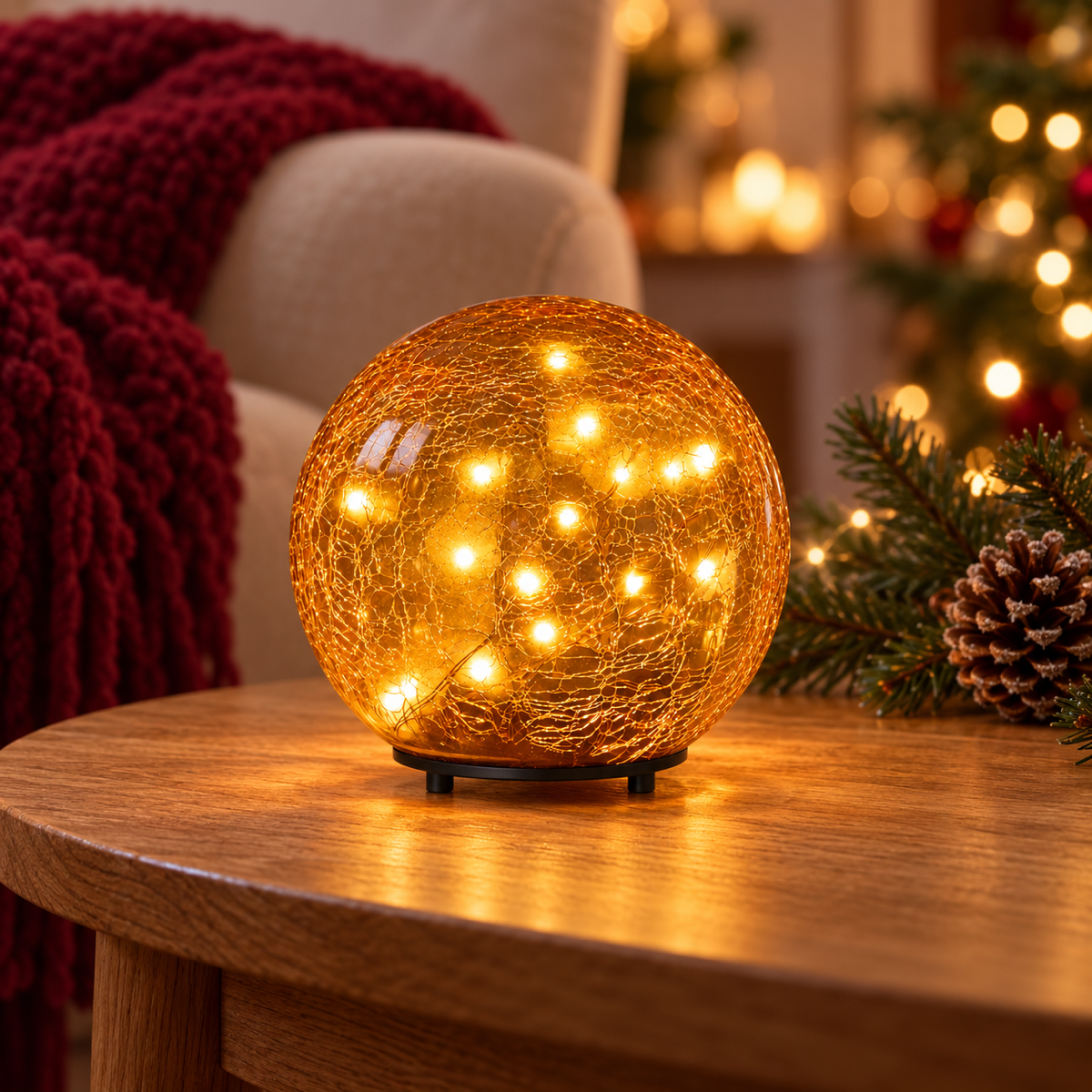 Anna's Collection Verlicht Kerstfiguur Bal Crackle Amber Klassiek Warm 15 Lampjes 12 cm