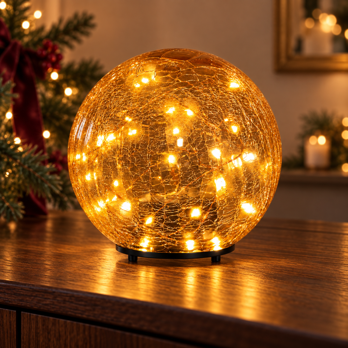 Anna's Collection Verlicht Kerstfiguur Bal Crackle Amber Klassiek Warm 30 Lampjes 15 cm