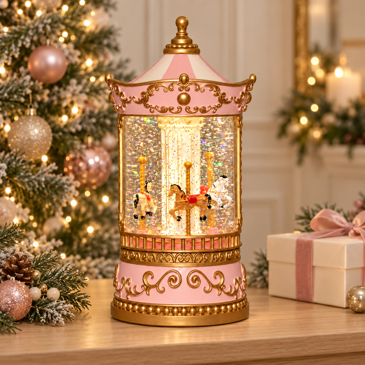 Anna's Collection Verlicht Kerstfiguur Draaimolen Rose Warm Wit 12.5 x 25.5 cm