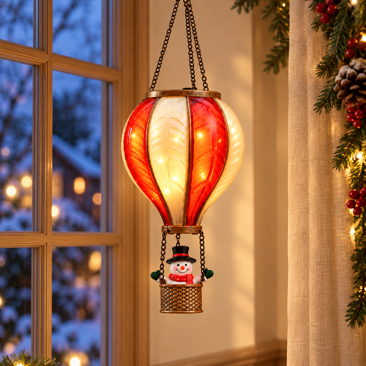 Anna's Collection Verlicht Kerstfiguur Luchtballon Wit/Rood Warm Wit 20 Lampjes 45 x 14 cm