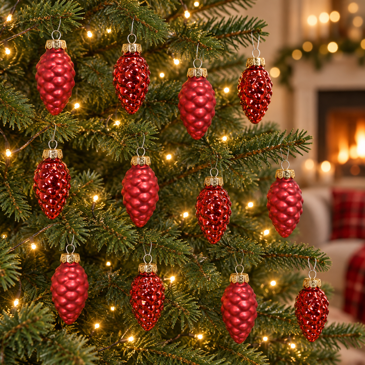 Decoris Kerstornament Dennenappel Glas Rood 12 stuks 6 x 2.5 cm