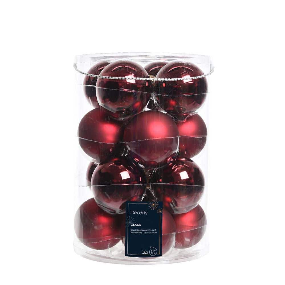 Decoris Kerstballen glas mix ossenbloed 16 stuks Ø 8 cm