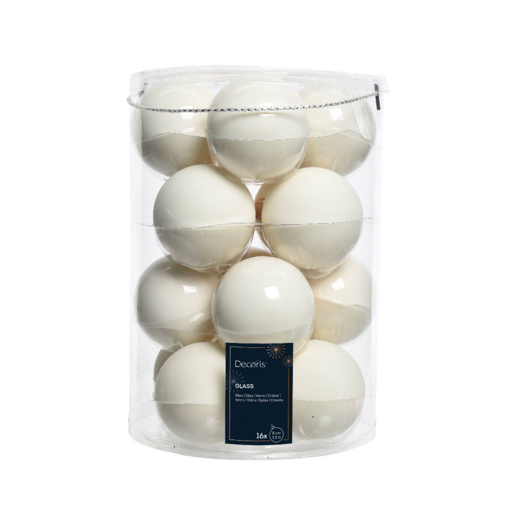 Decoris Kerstballen glas wolwit 16 stuks Ø 8 cm