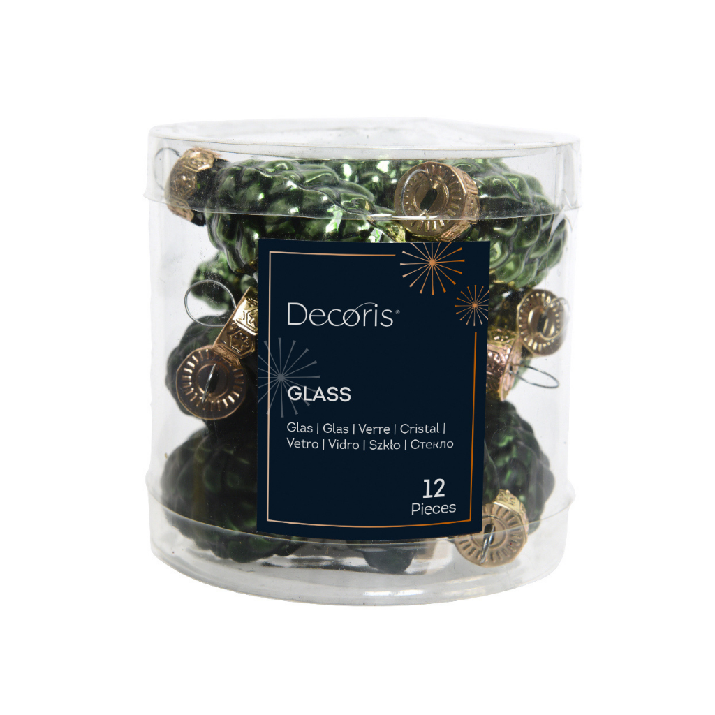 Decoris Dennenappel groen glas 12 stuks 6 cm