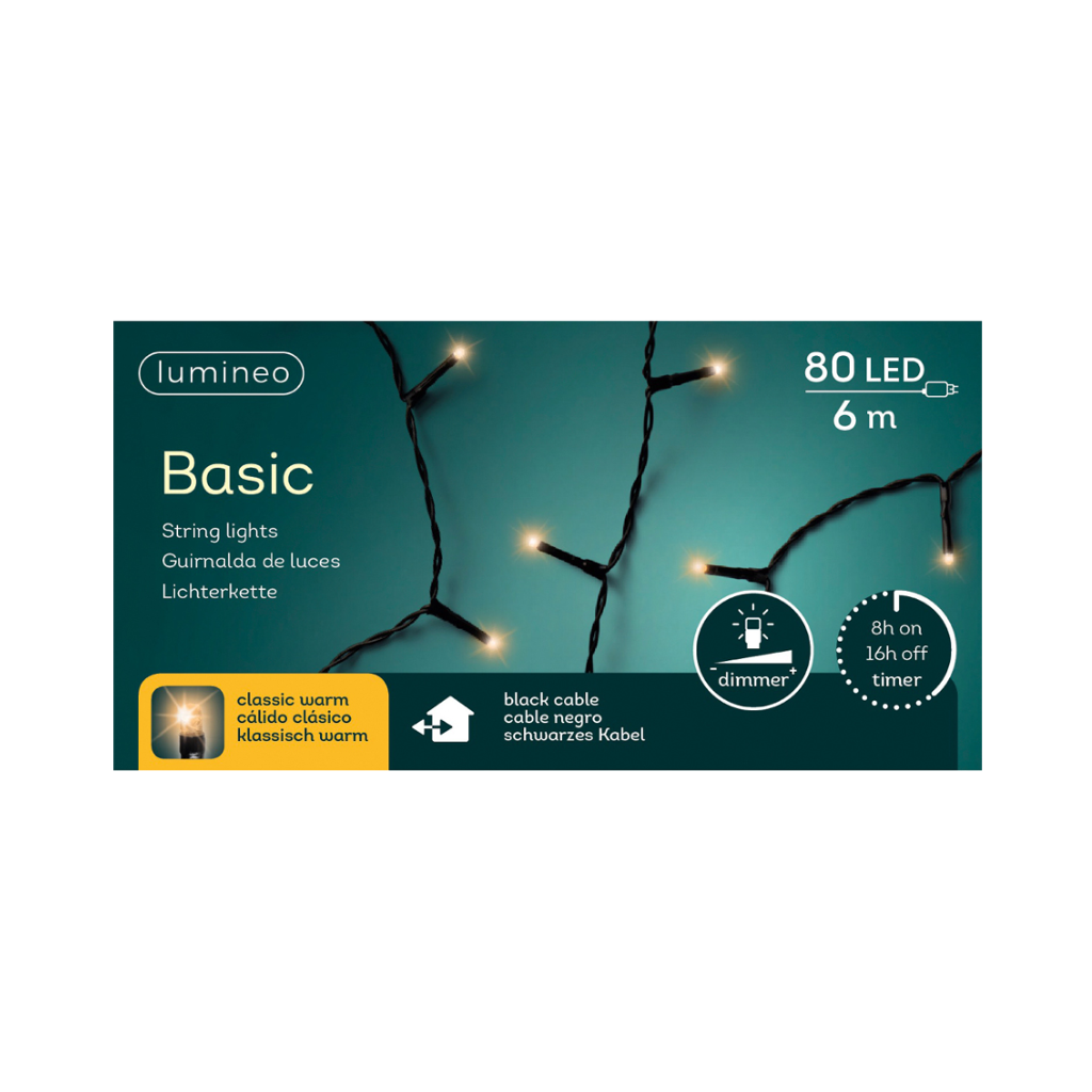 Lumineo LED basic lights zwart 600 cm klassiek wit 80 lichtjes