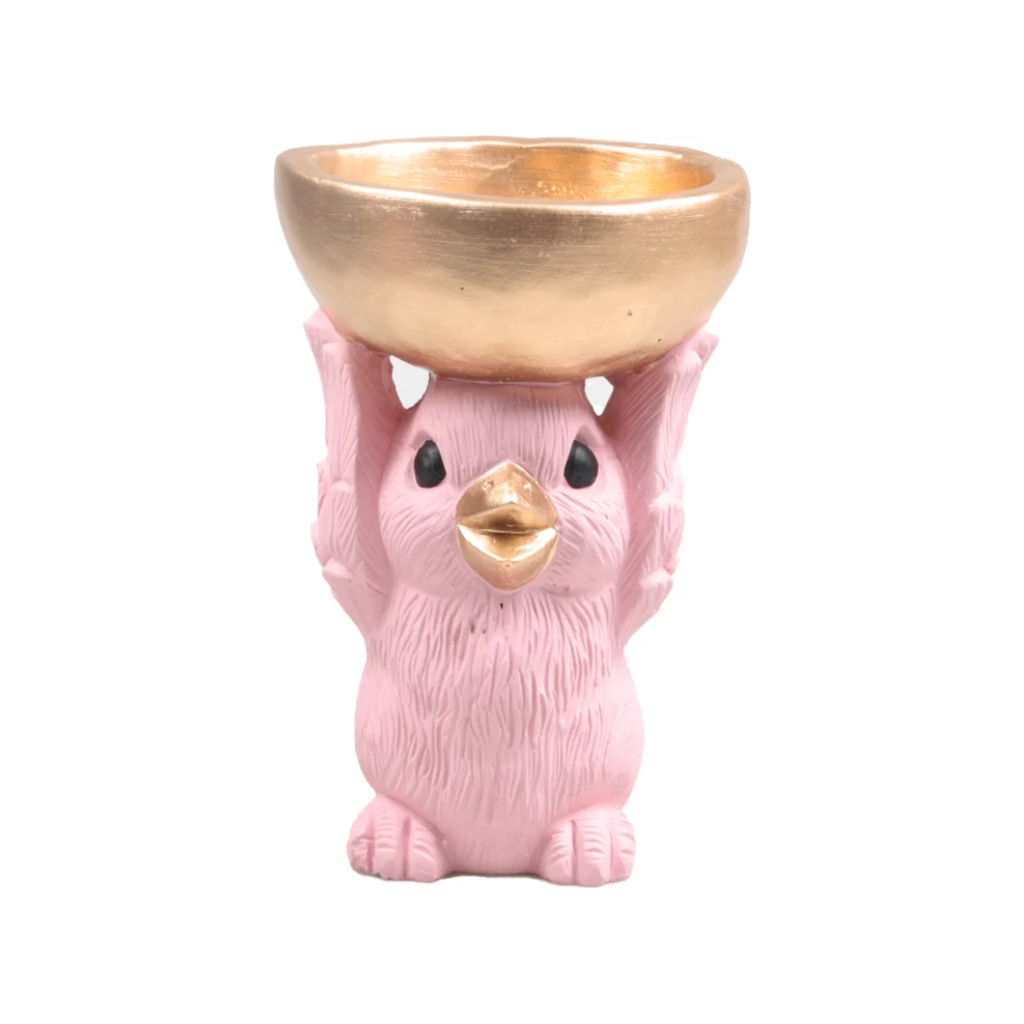 Vogel met schaal roze 19 x 12 x 18.5 cm