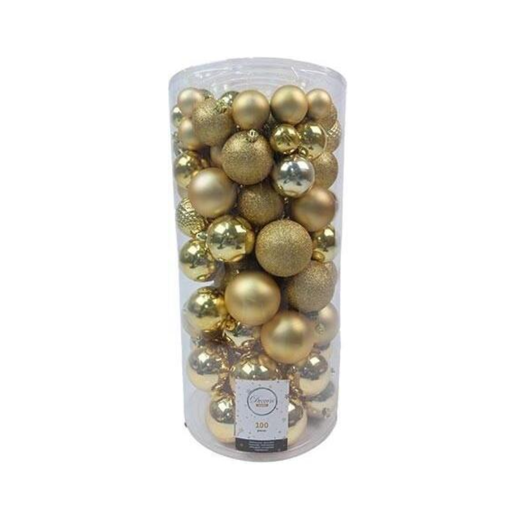 Kerstballen onbreekbaar tube 100 stuks light goud