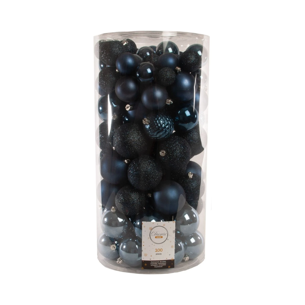 Kerstballen onbreekbaar tube 100 stuks night blue