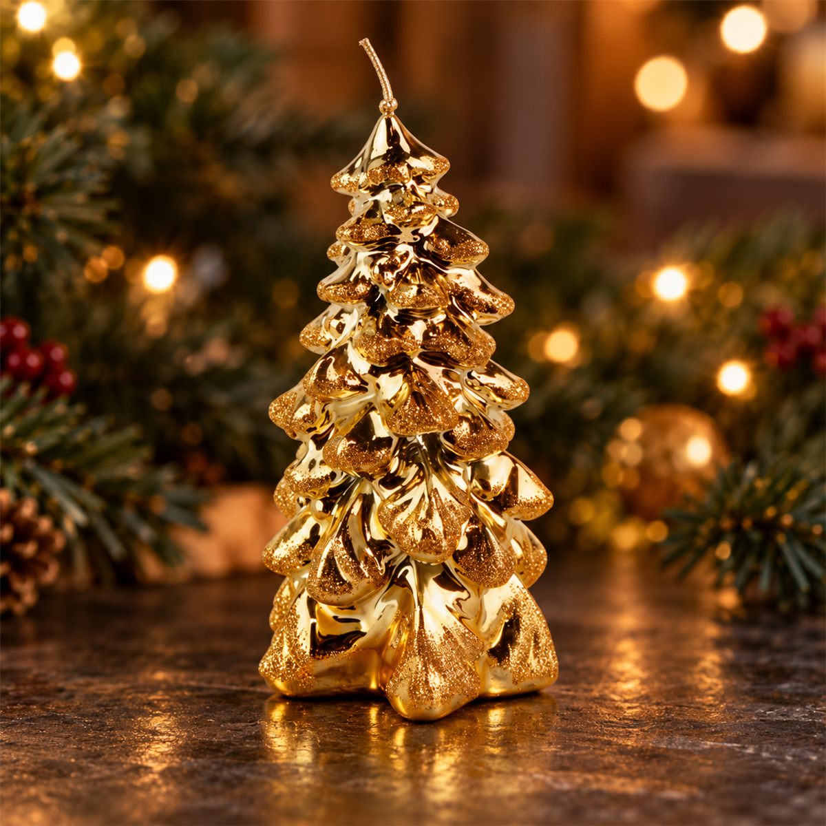 Kaars kerstboom D 8 x H 15 cm metallic glitter goud