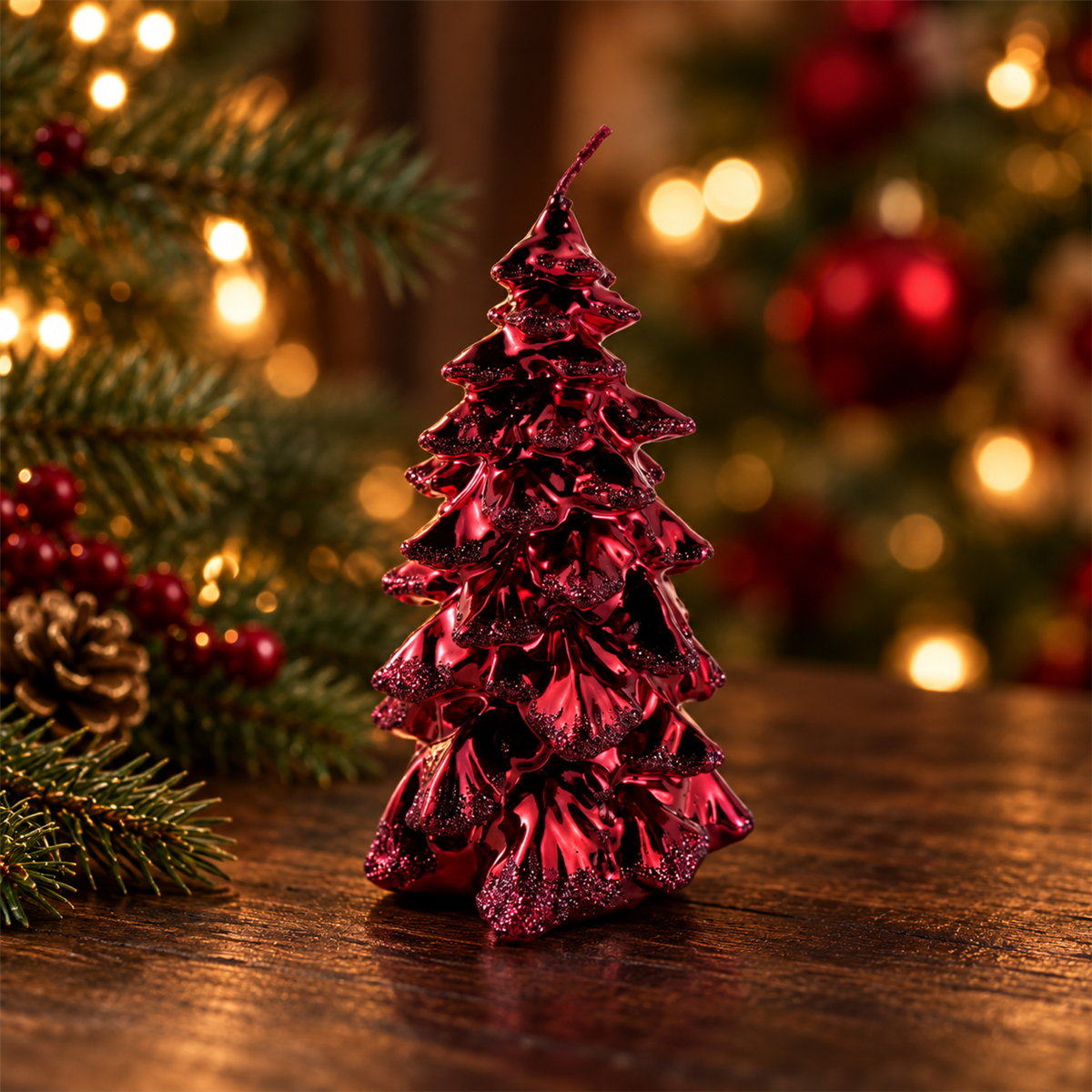 Kaars kerstboom D 8 x H 15 cm metallic glitter cherry