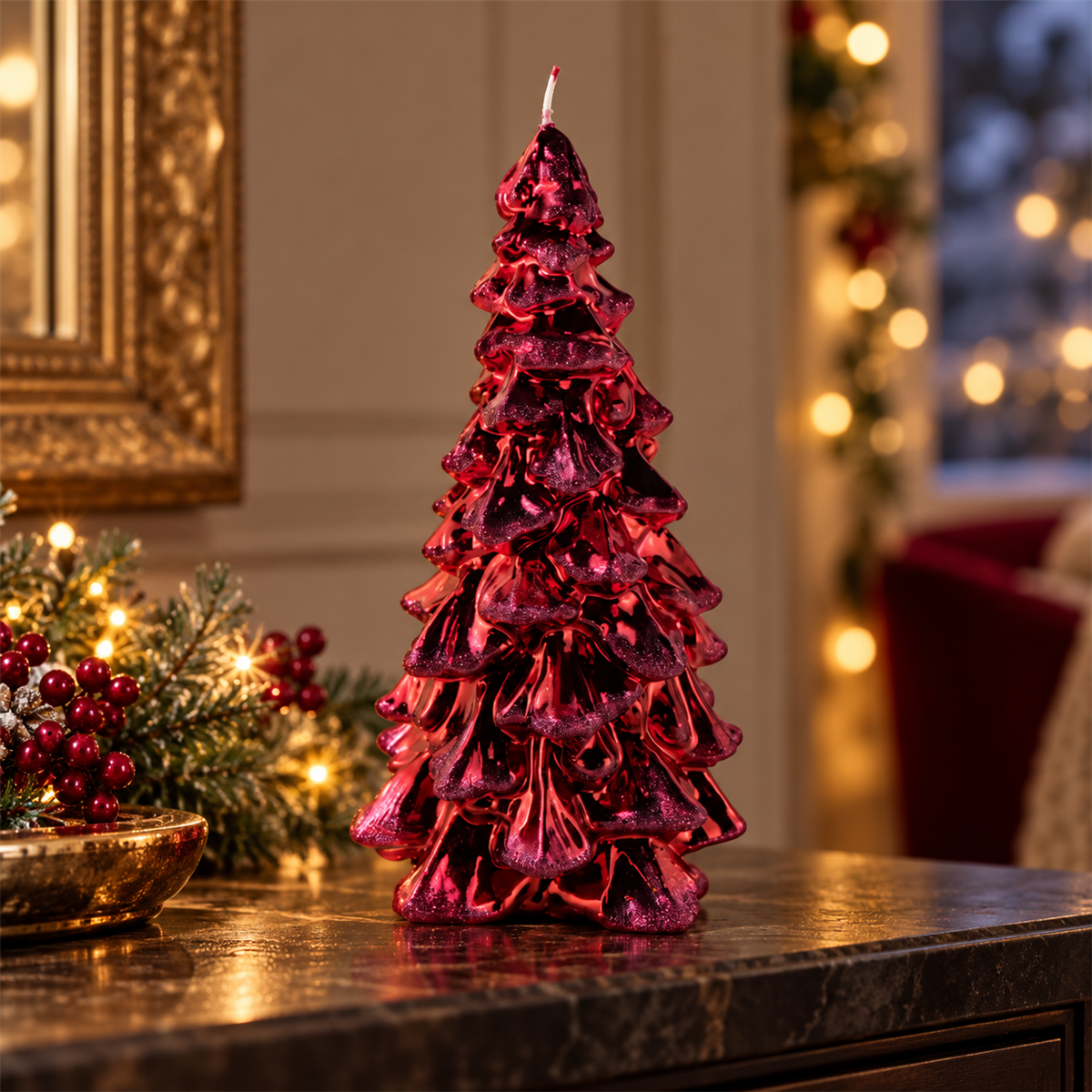 Kaars kerstboom D 16 x H 30 cm metallic glitter cherry