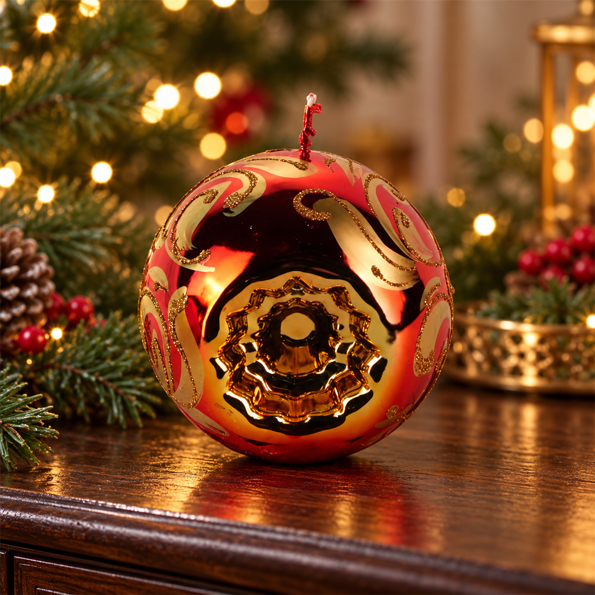 Kaars kerstbal metallic rood glitter 10 cm
